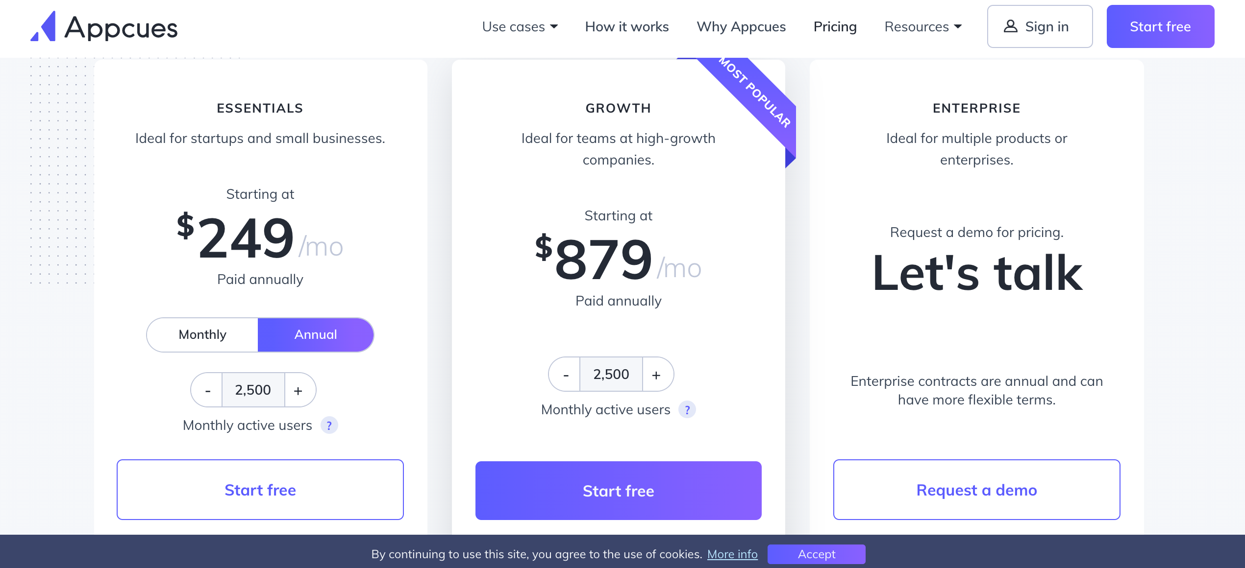 Appcues Pricing page